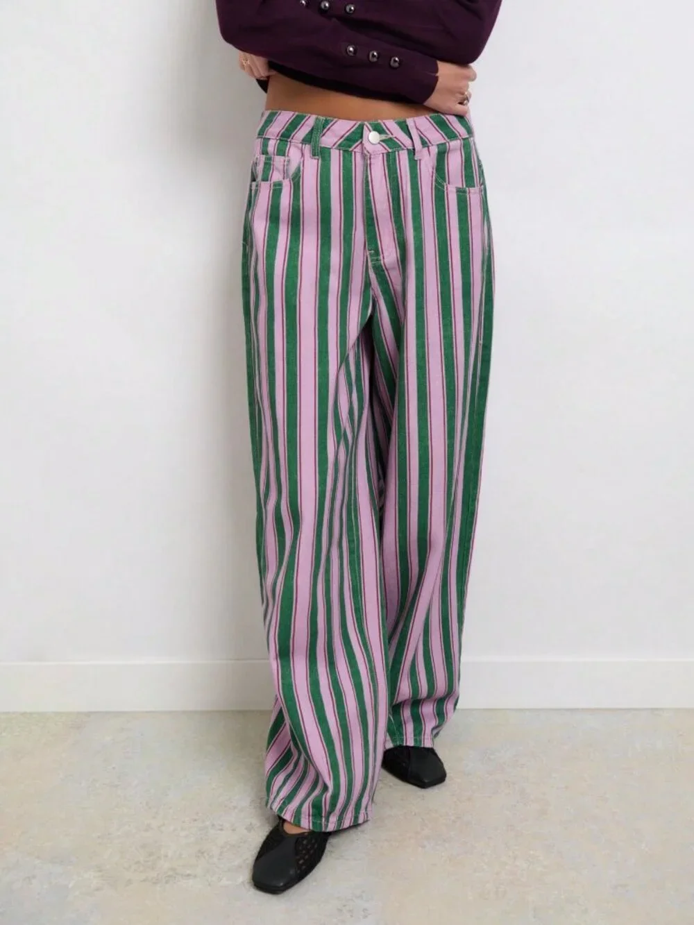 Multicolor Casual Women's Mid Waist Striped Loose Long Five Pocket Balloon Pants